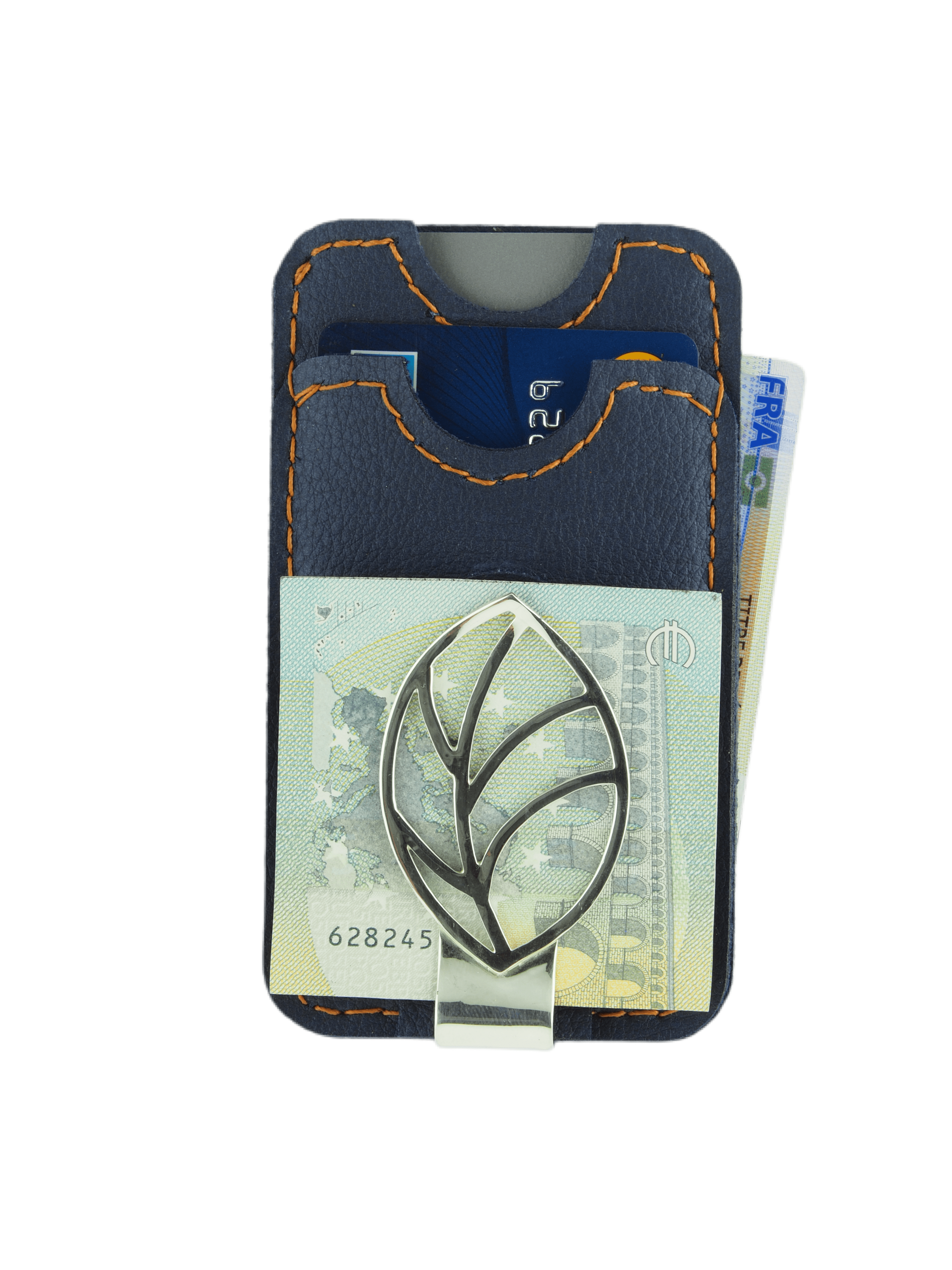 Cardholder made from blue vegan leather includes a money clip made of silver. The presentation image has cards and money.