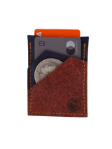 The image shows a slim cardholder made from cactus and mushroom vegan leather (plant-based materials). In the presentation, the cardholder includes cards and a silver coin. 