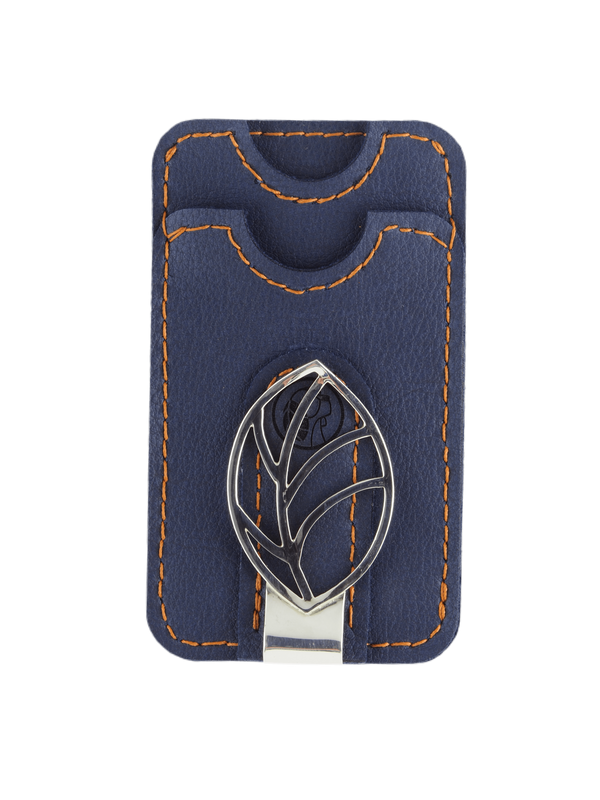 Cardholder made from blue vegan leather includes a money clip made of silver.
