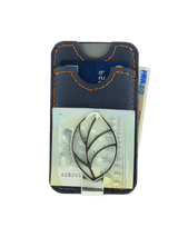 Cardholder made from blue vegan leather includes a money clip made of silver. The presentation image has cards and money. 