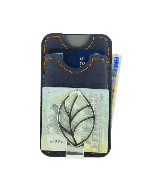 Cardholder made from blue vegan leather includes a money clip made of silver. The presentation image has cards and money. 